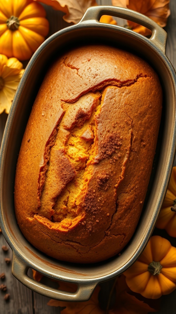 A golden loaf of pumpkin bread in a Dutch oven, surrounded by autumn decorations.